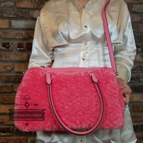 Kate Spade MIMI Medium Faux Fur Pomegranate Smooth Leather Satchel Hand Bag PINK - Picture 3 of 10